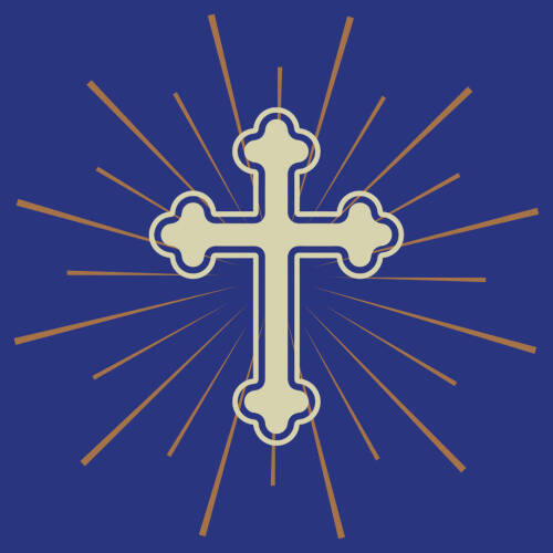 A cream-colored orthodox cross on a blue background